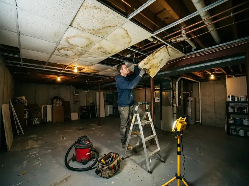 basement-ceiling-water-stain-f-005 — detailed close-up, Emergency 24 Hour Ceiling Water Damage Repair in Dallas