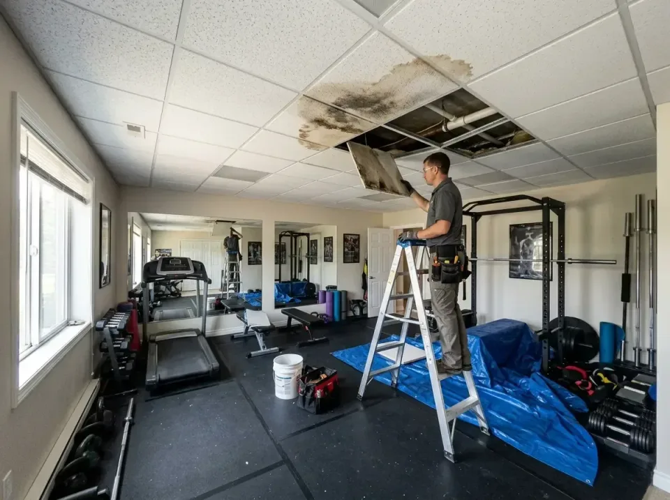 ceiling-leak-repair-in-home-gy-002 — specialist at work, Emergency 24 Hour Ceiling Water Damage Repair in Dallas
