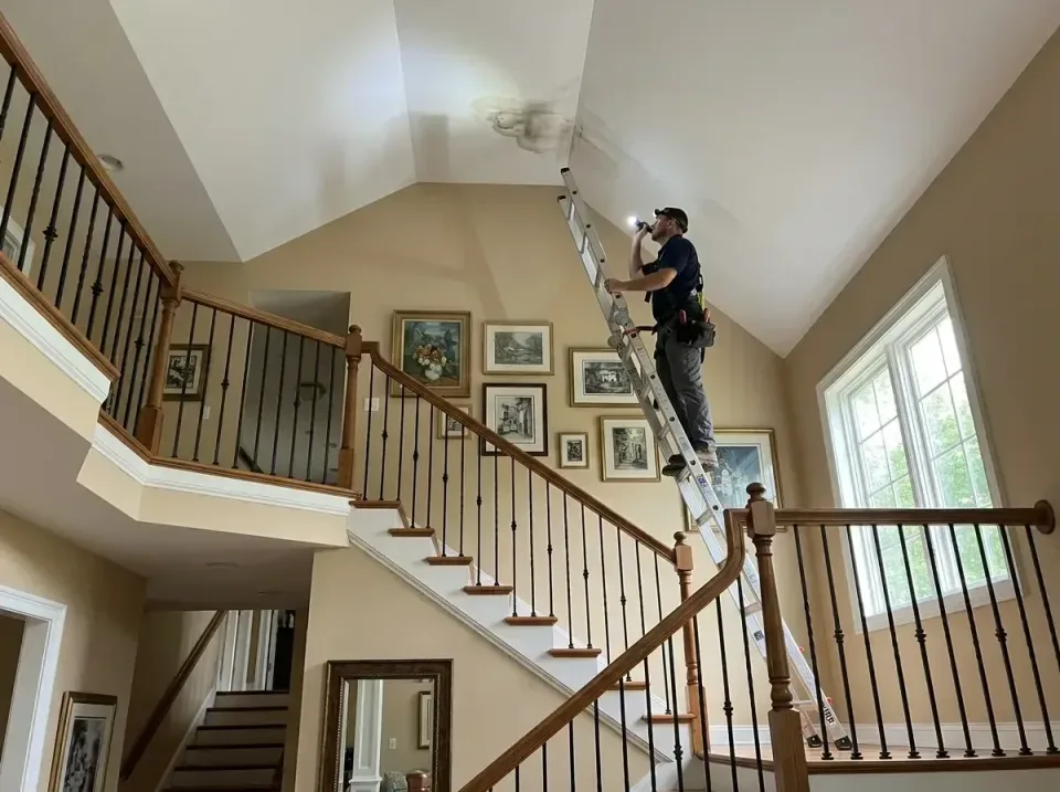 ceiling-repair-above-staircase-004 — before and after result, Emergency 24 Hour Ceiling Water Damage Repair in Dallas